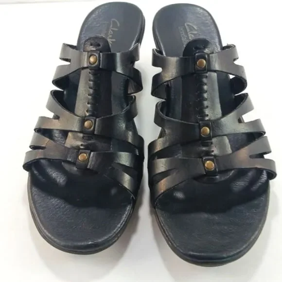 Clarks Bendables Women's Black Leather Strappy Slip- On Sandals Size 7 - Picture 8 of 13